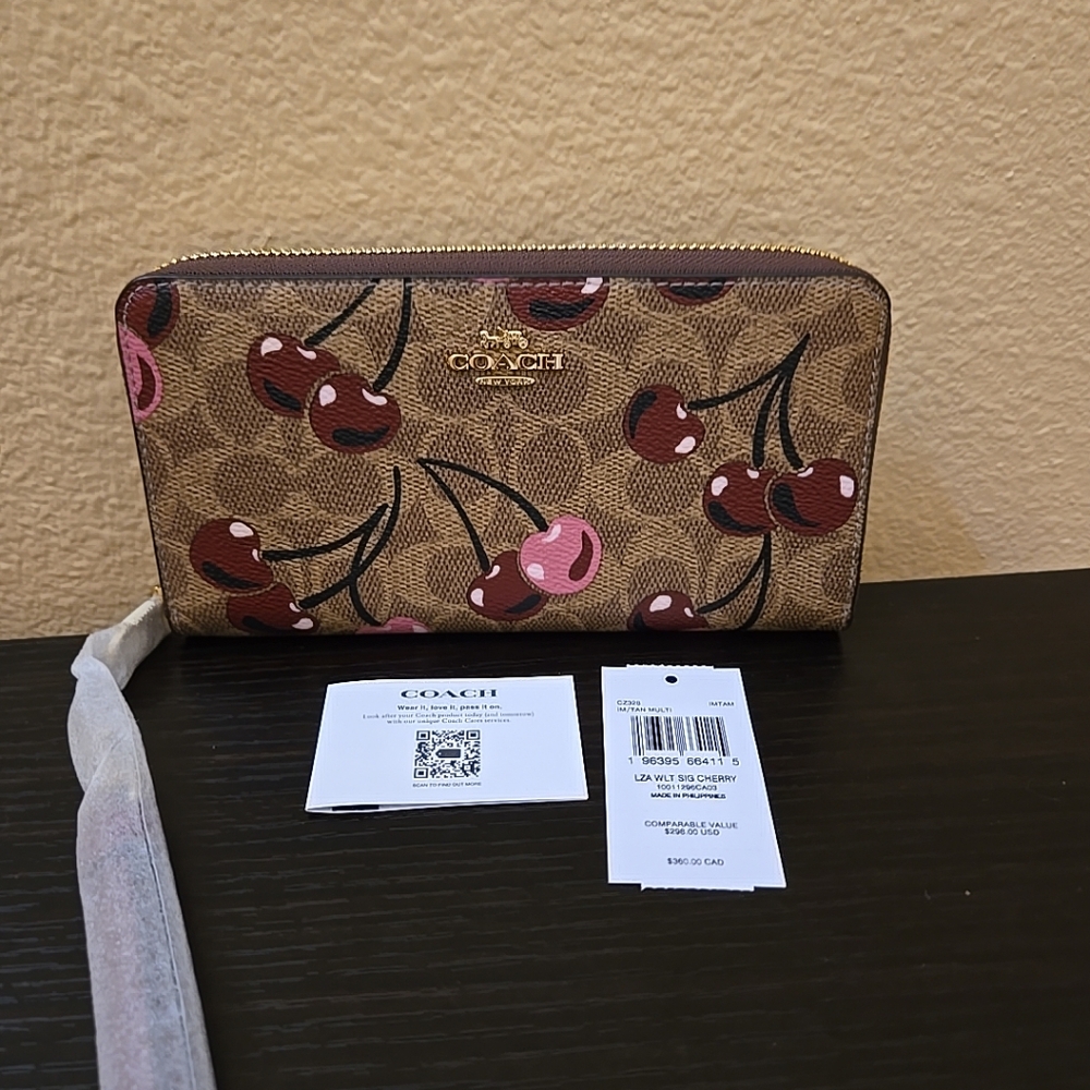 Coach Long Zip Around Wallet In Signature Canvas With Cherry Print - Picture 6 of 13